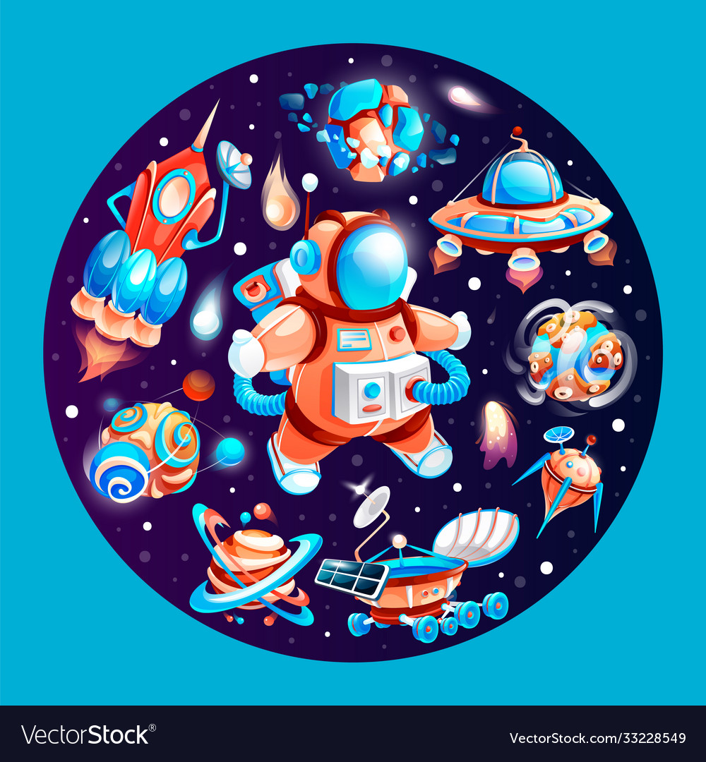 Space elements or objects in circle at galaxy vector image Space elements or objects in circle at galaxy