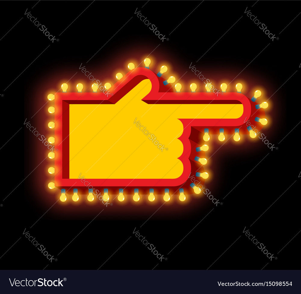 Retro signboard hand pointer with light bulb
