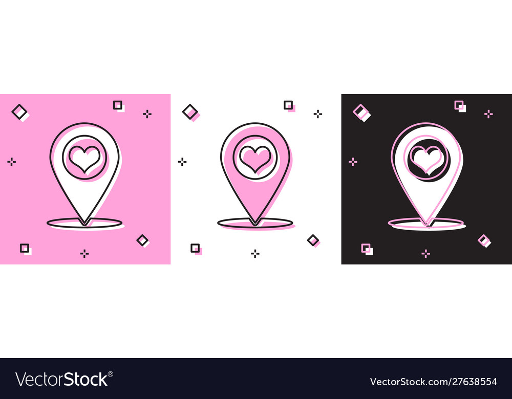 Set map pointer with heart icon isolated on pink