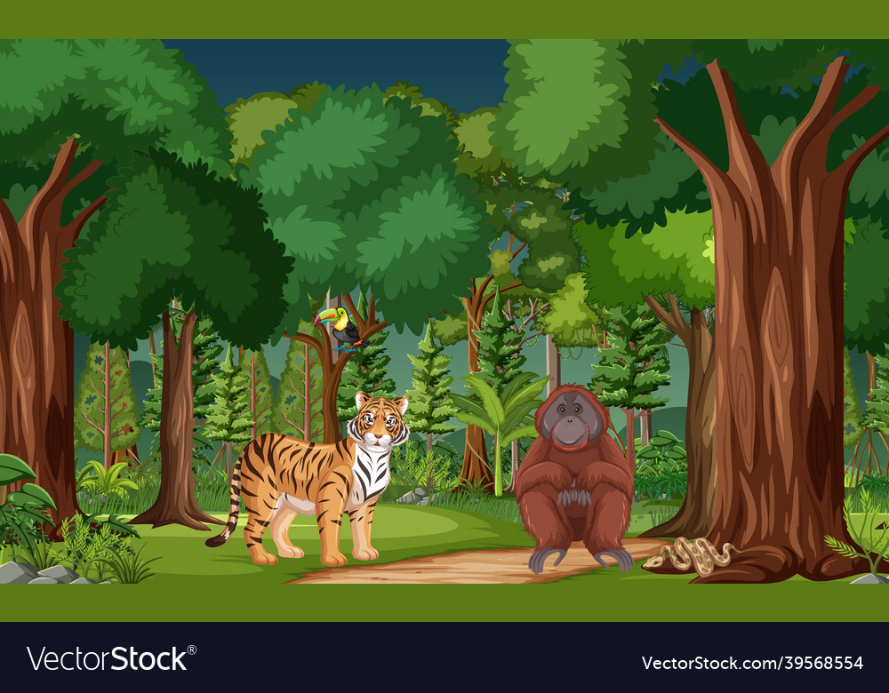 Tropical rainforest scene with various wild