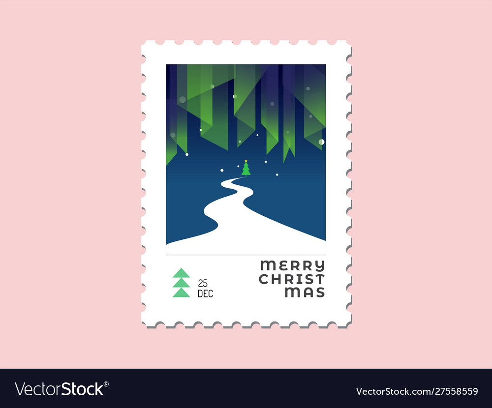 Aurora light with christmas tree and road vector image Aurora light with christmas tree and road
