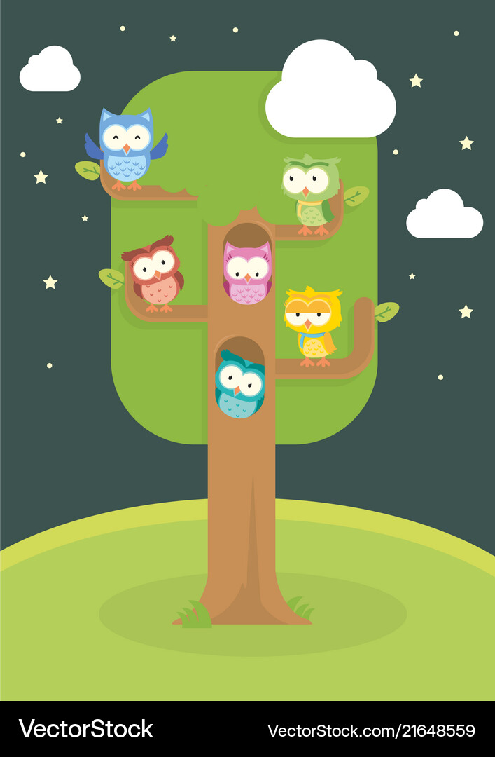 Cute owl cartoon in the tree isolated set Vector Image