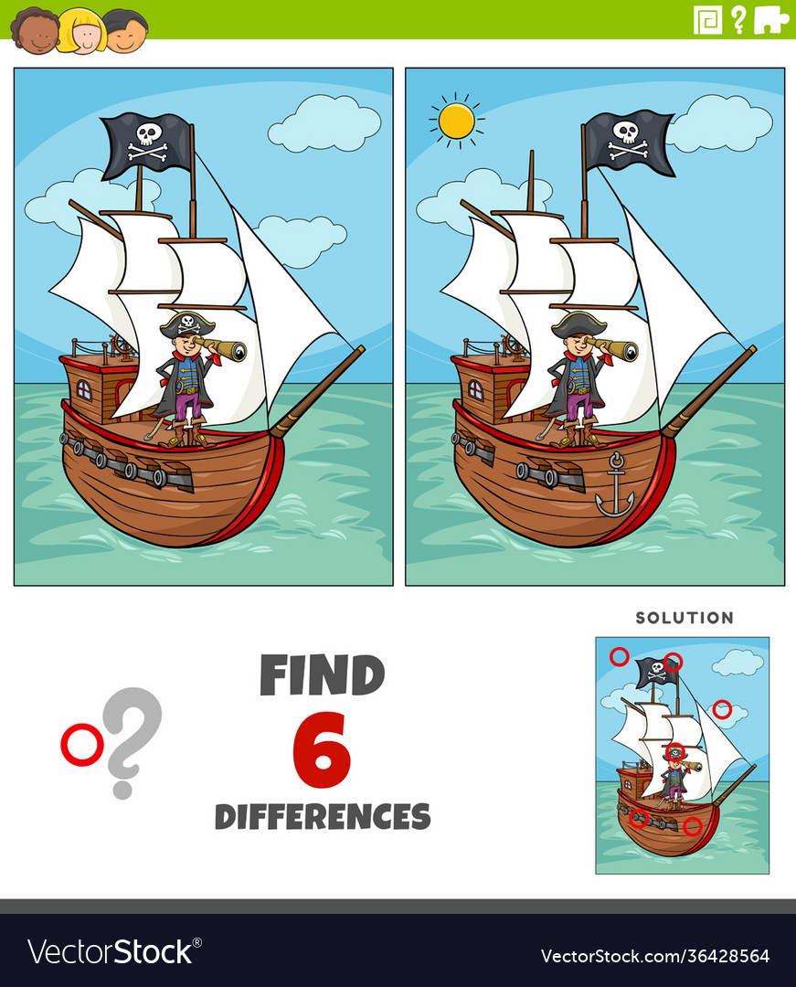 Differences educational game with pirate and ship Vector Image