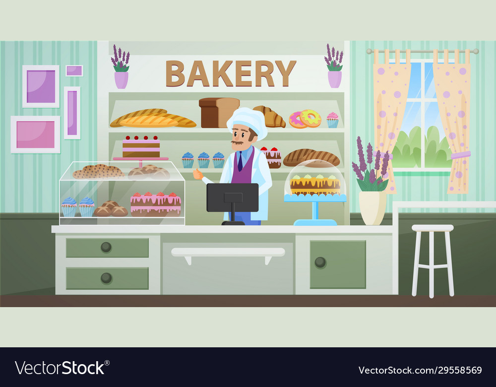 Bakery shop with baker cartoon flat Royalty Free Vector