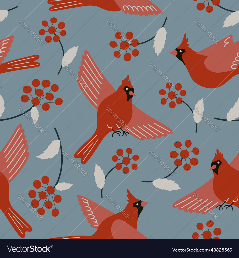Red winter birds seamless pattern northern vector image Red winter birds seamless pattern northern