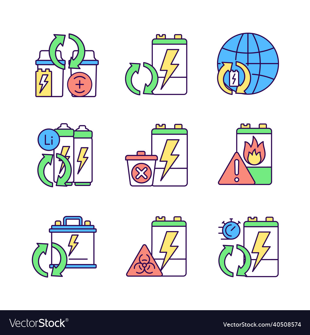 Battery reuse rgb color icons set vector image Battery reuse rgb color icons set