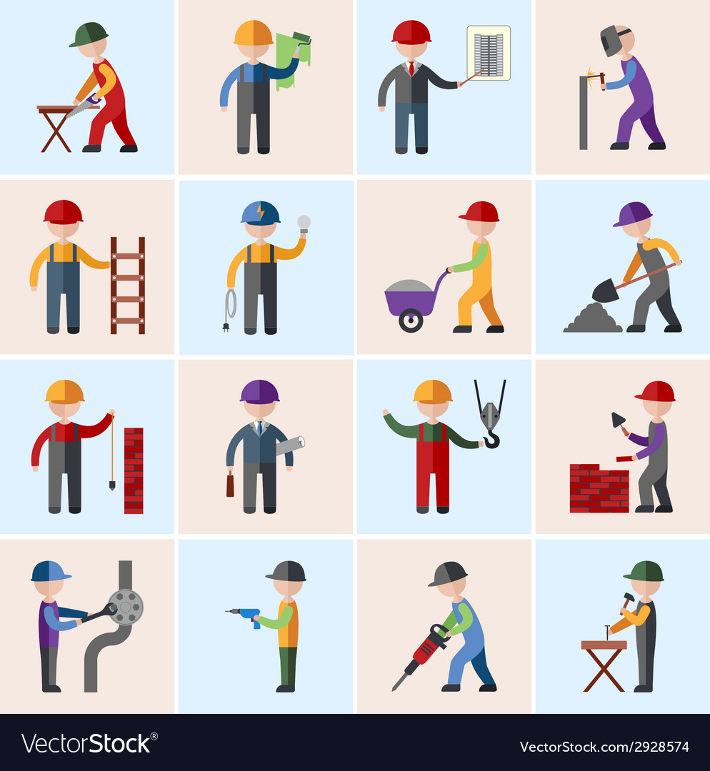 Construction worker icons flat Royalty Free Vector Image