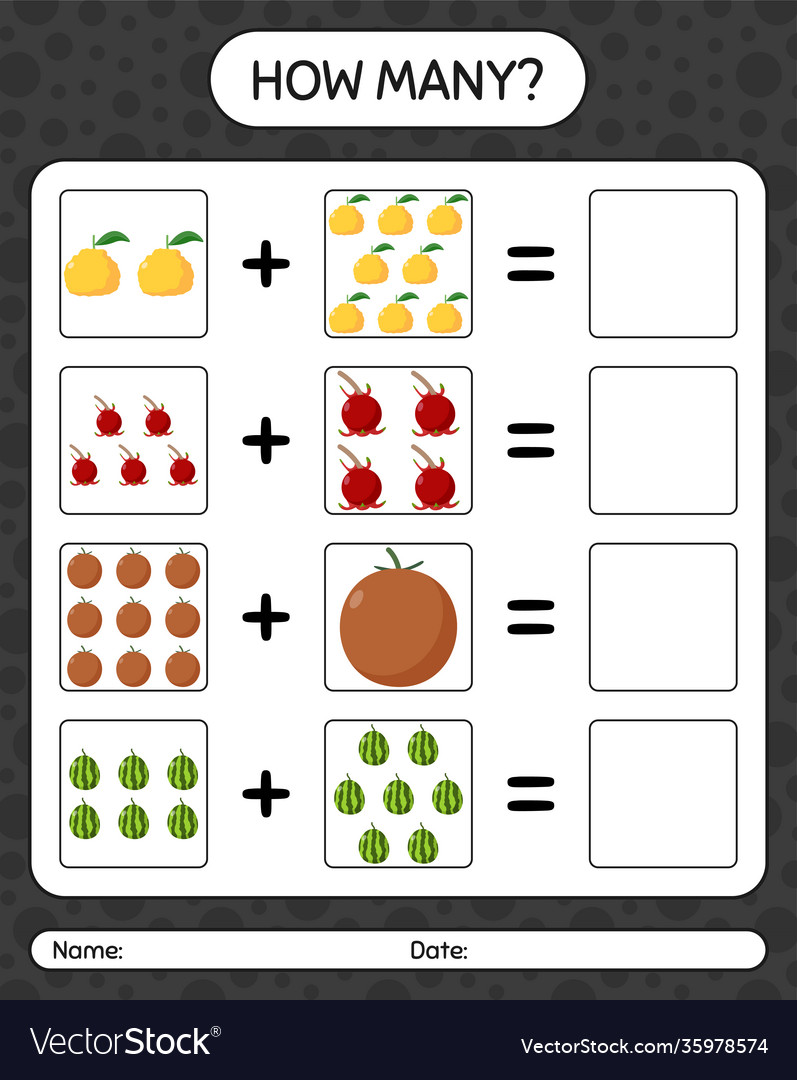 How many counting game with fruit worksheet vector image How many counting game with fruit worksheet
