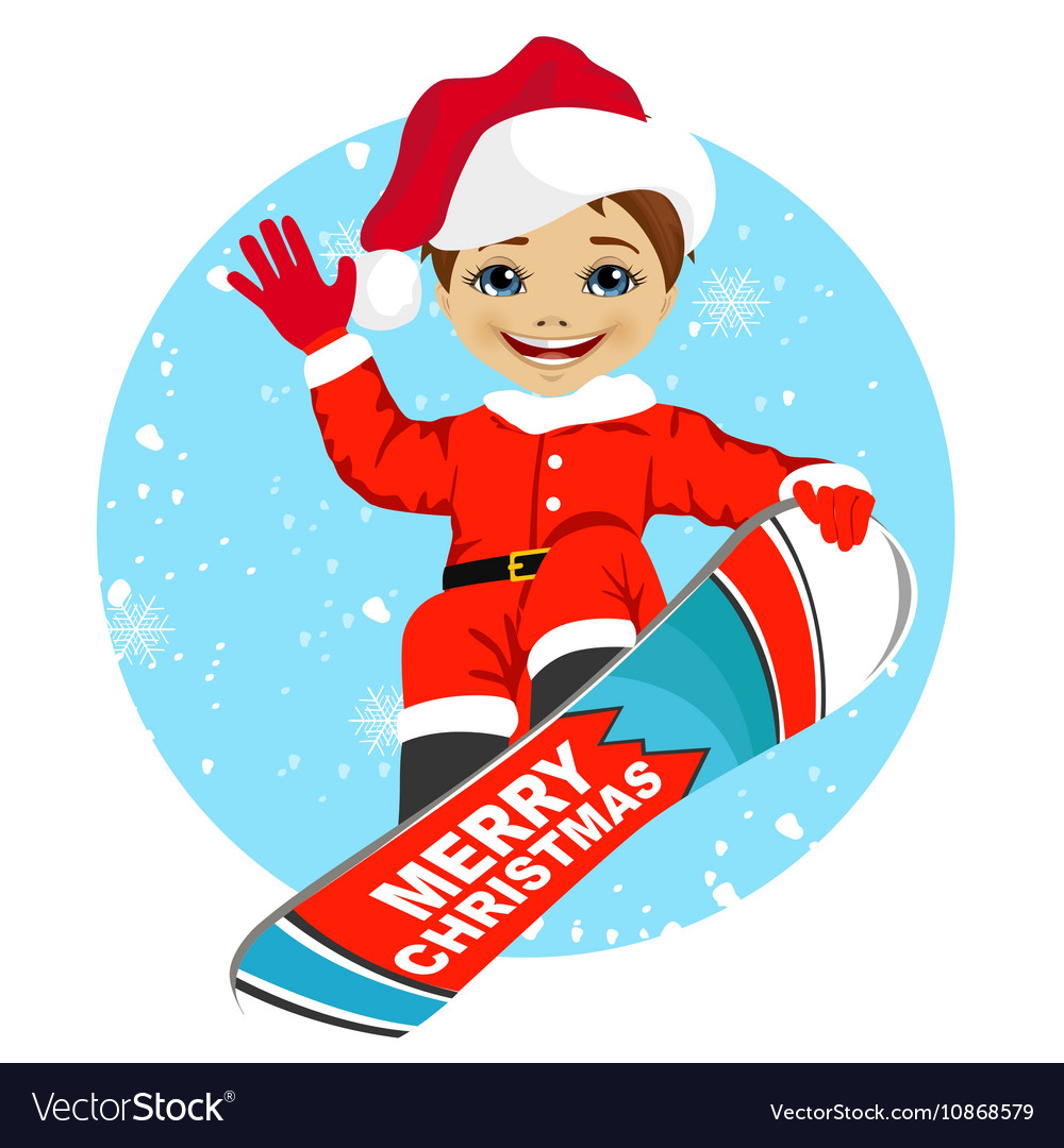 Boy wearing santa claus costume snowboarding