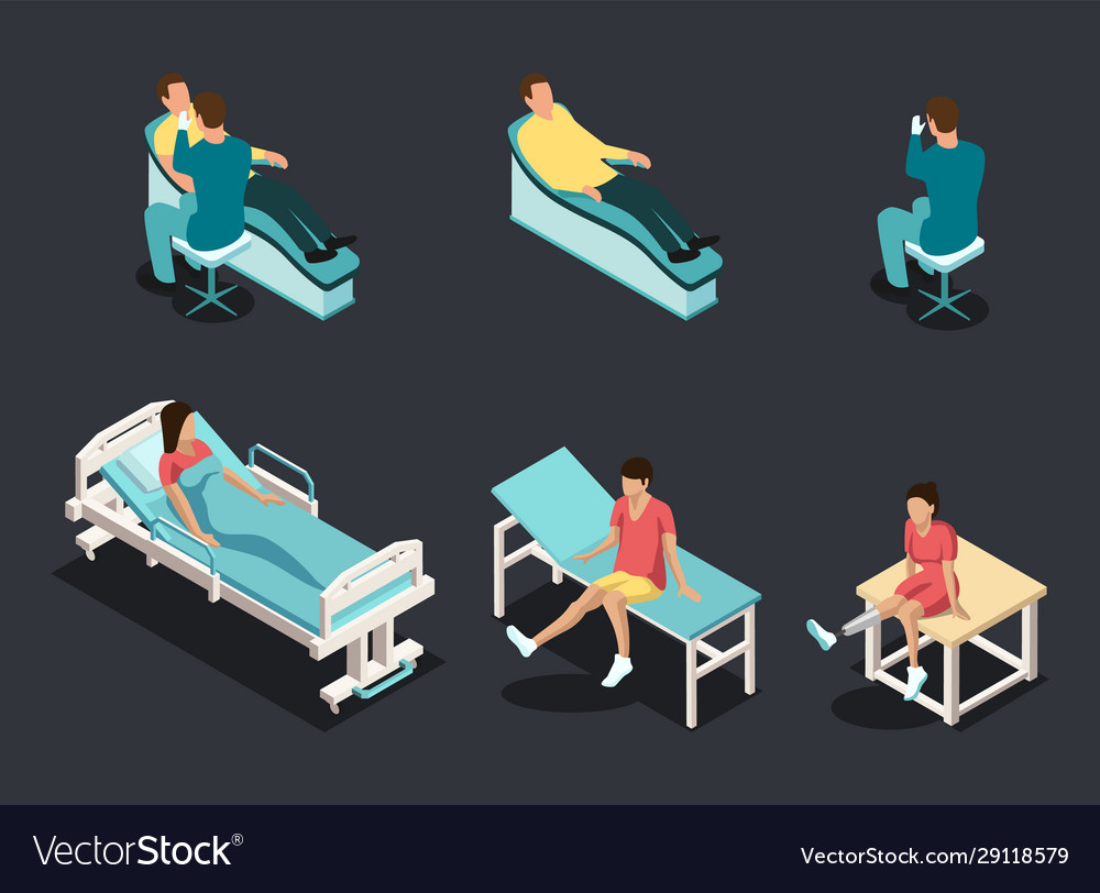 Flat 3d isometric patients on hospital beds icon vector image Flat 3d isometric patients on hospital beds icon