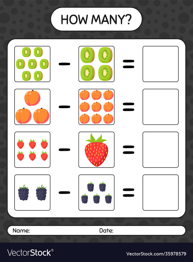 How many counting game with fruit worksheet vector image How many counting game with fruit worksheet