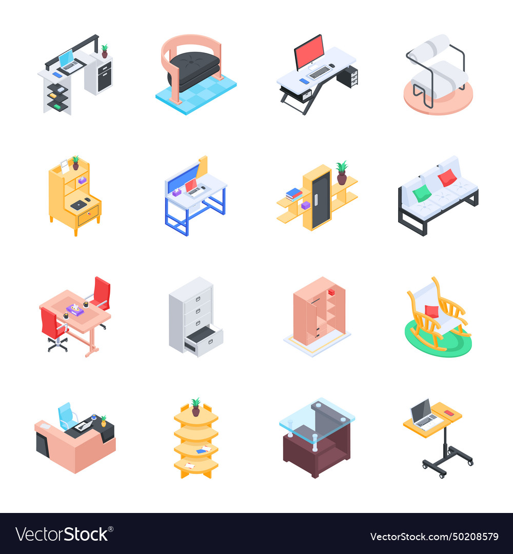 Isometric icon set depicting workspace furniture Vector Image