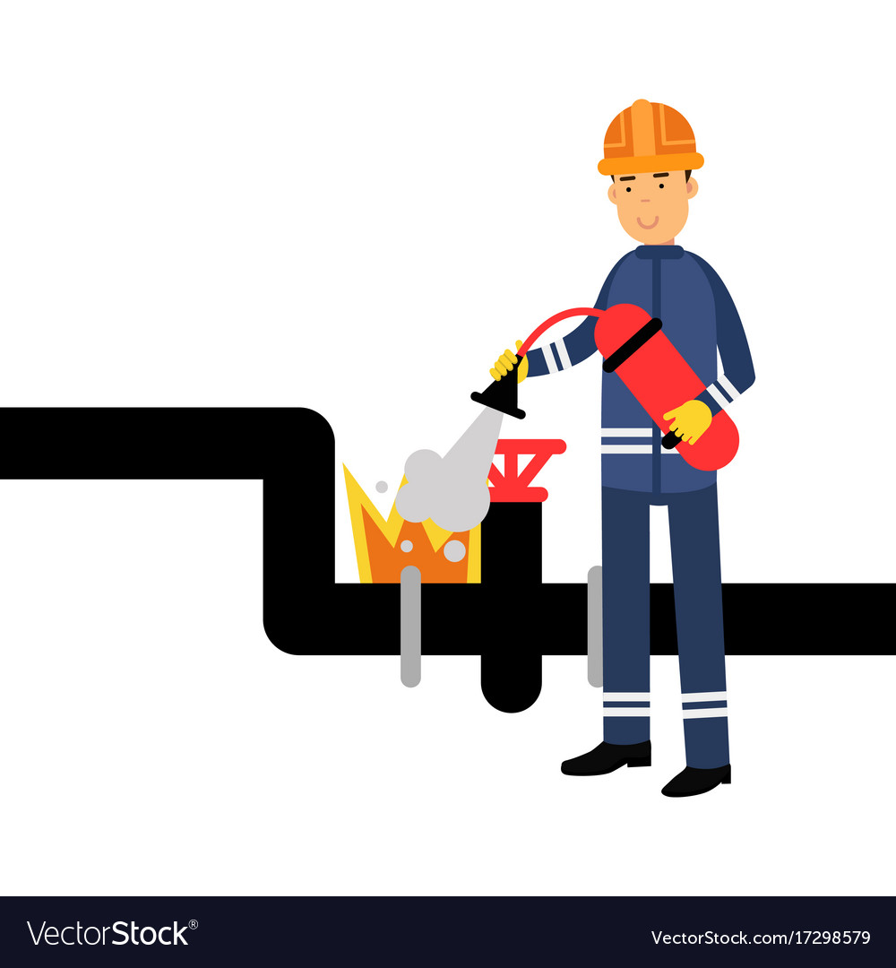 Oilman character in a blue uniform extinguishing