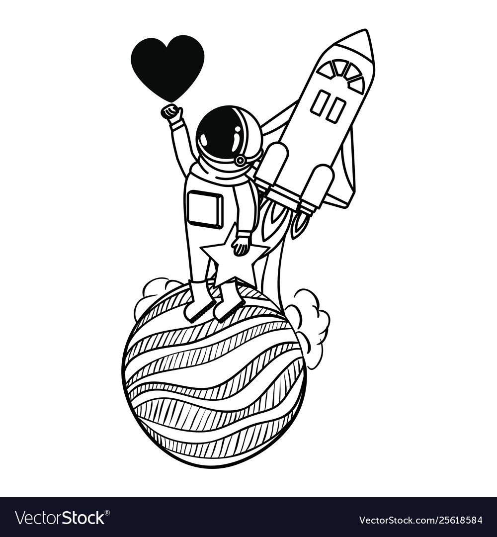 Astronaut with spacesuit and rocket in white