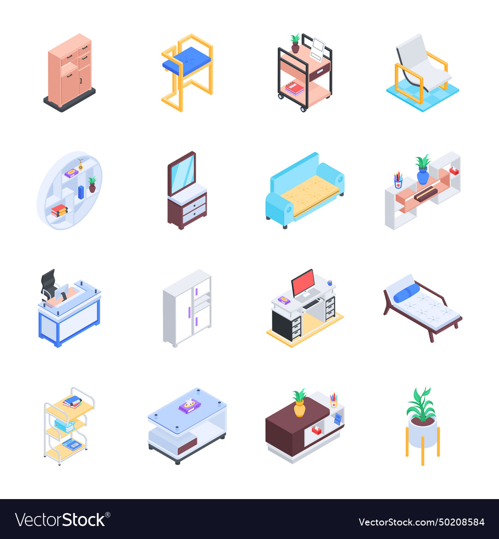 Isometric icons depicting wooden furniture Vector Image