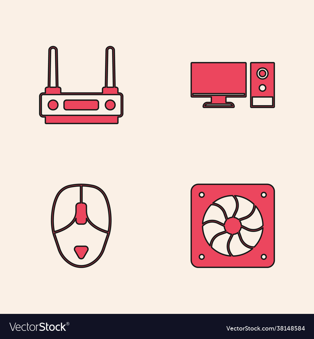Set computer cooler router and wi-fi signal vector image Set computer cooler router and wi-fi signal