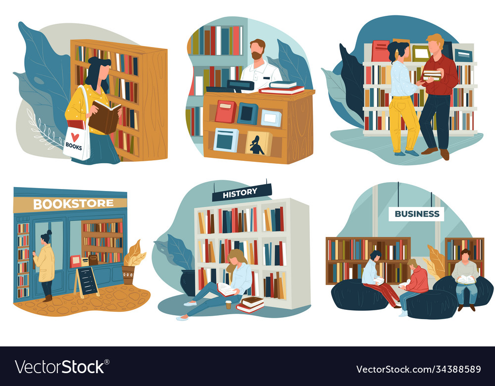Bookstore or public library with visitors reading Vector Image