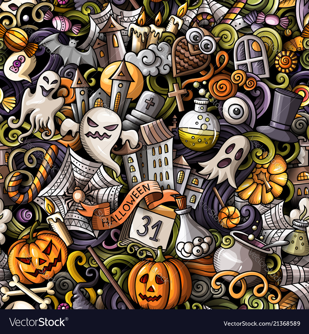 Cartoon cute doodles hand drawn halloween seamless vector image Cartoon cute doodles hand drawn halloween seamless