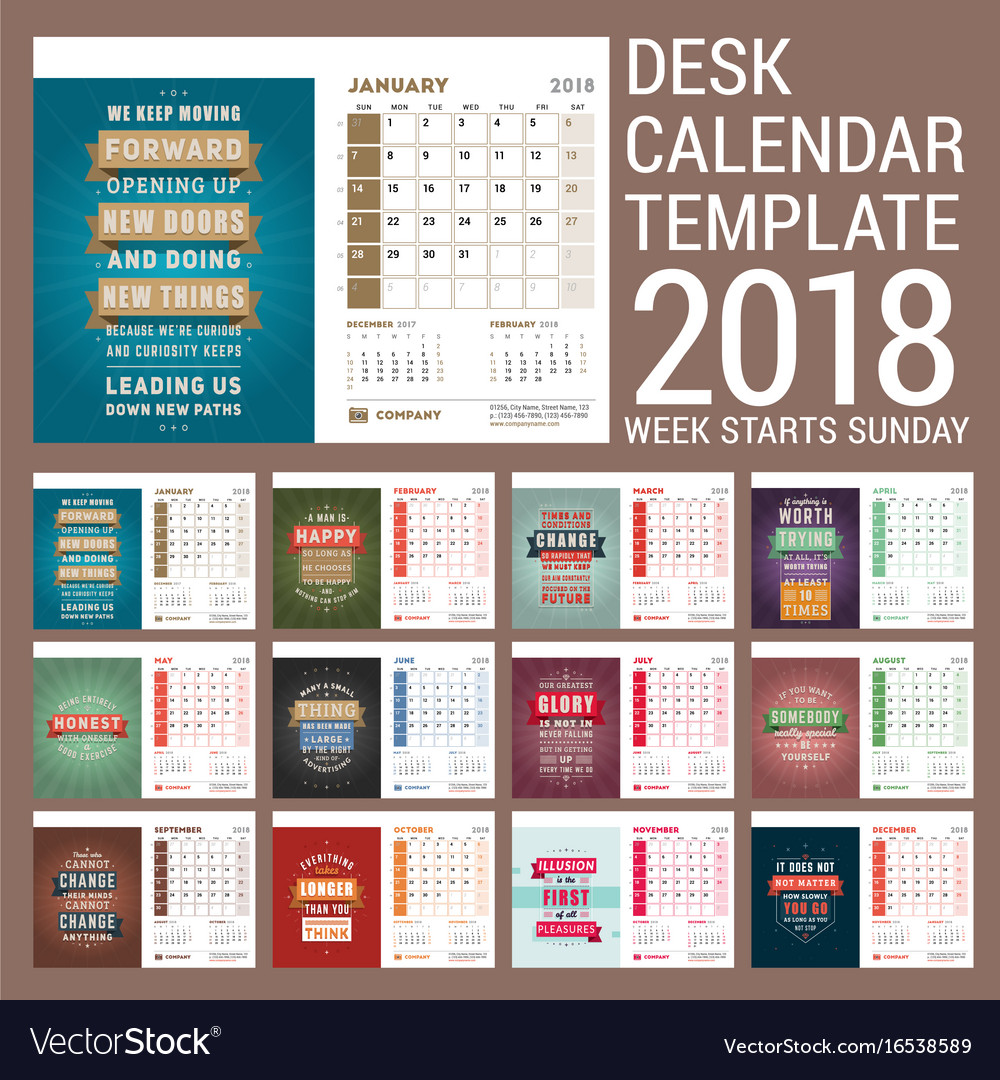 Desk calendar template for 2018 year