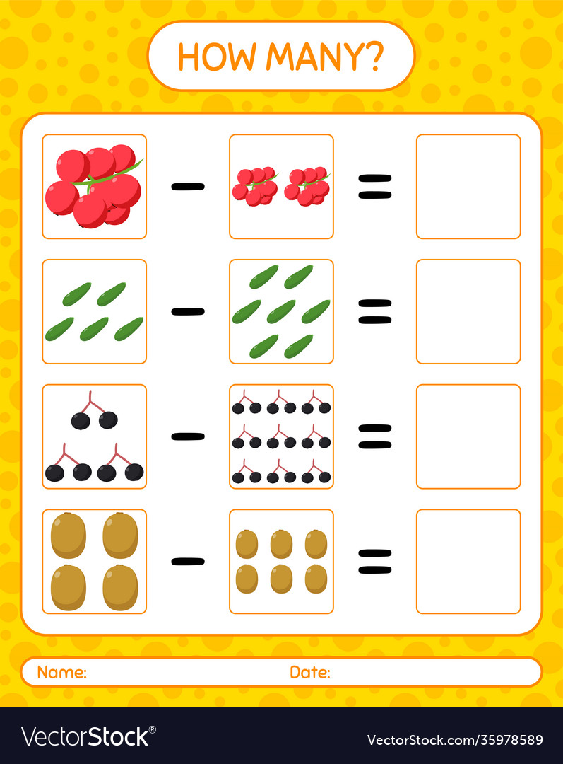 How many counting game with fruit worksheet vector image How many counting game with fruit worksheet