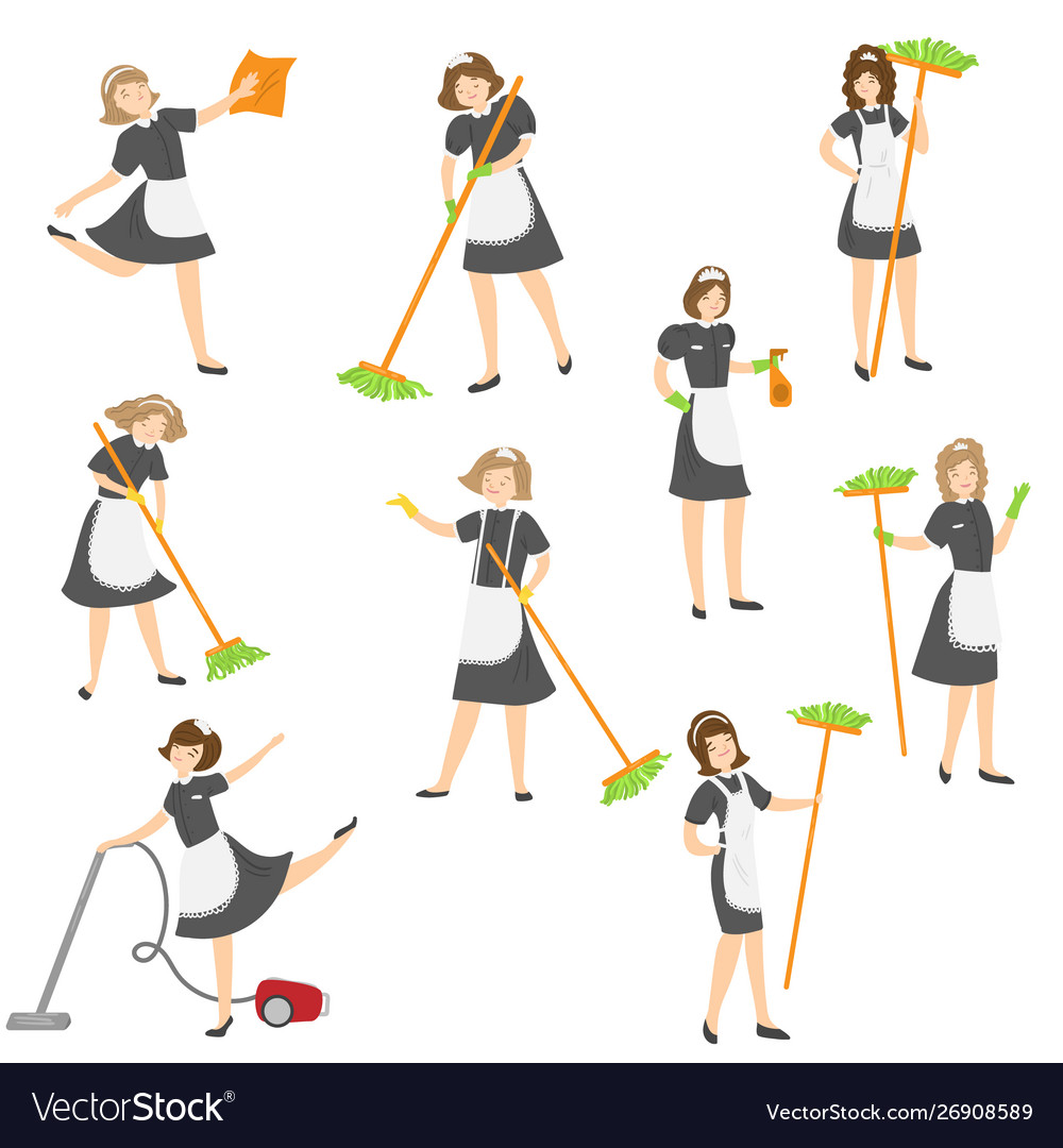 Maid posing in different situations set raster vector image Maid posing in different situations set raster