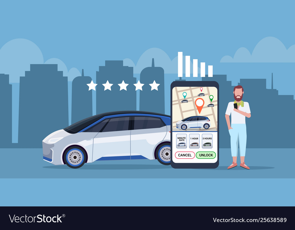 Man using mobile application leaving feedback taxi vector image Man using mobile application leaving feedback taxi