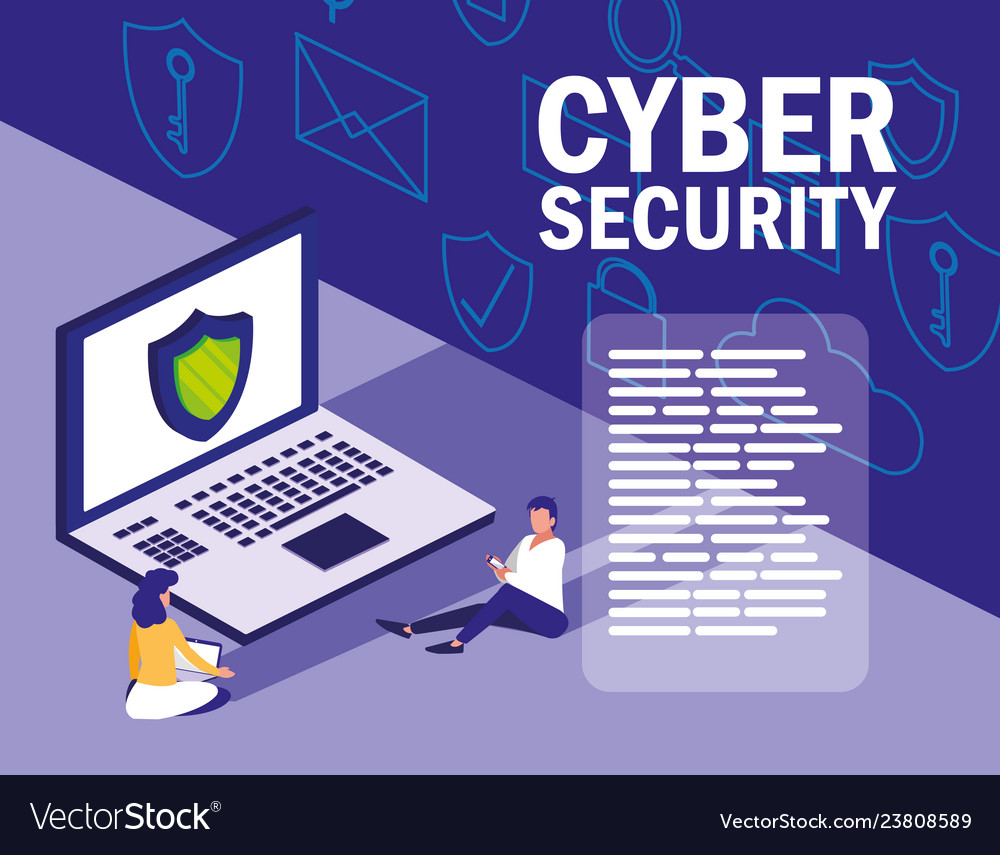 Mini people with laptop and cyber security Vector Image