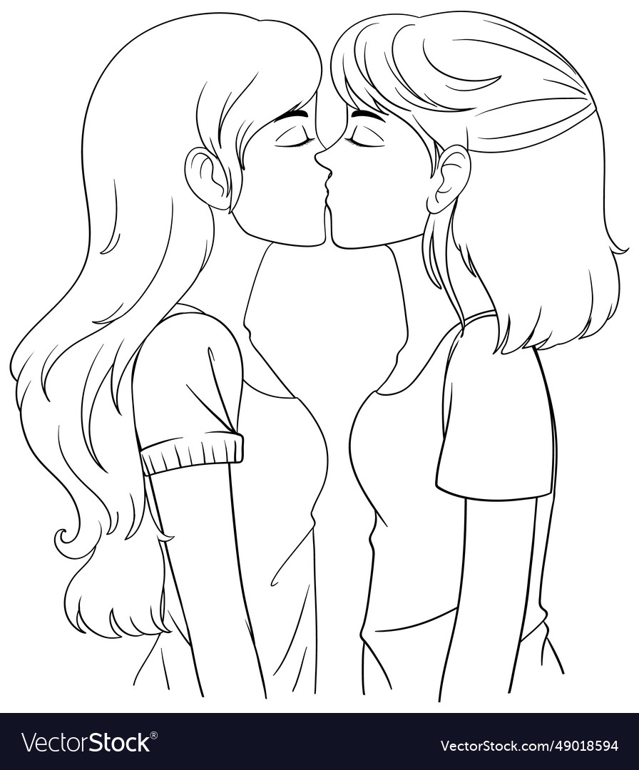 Lesbian Couple Cartoon Kissing Outline Doodle Vector Image 5154