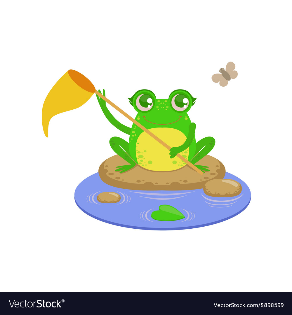 Cartoon frog character catchin flies