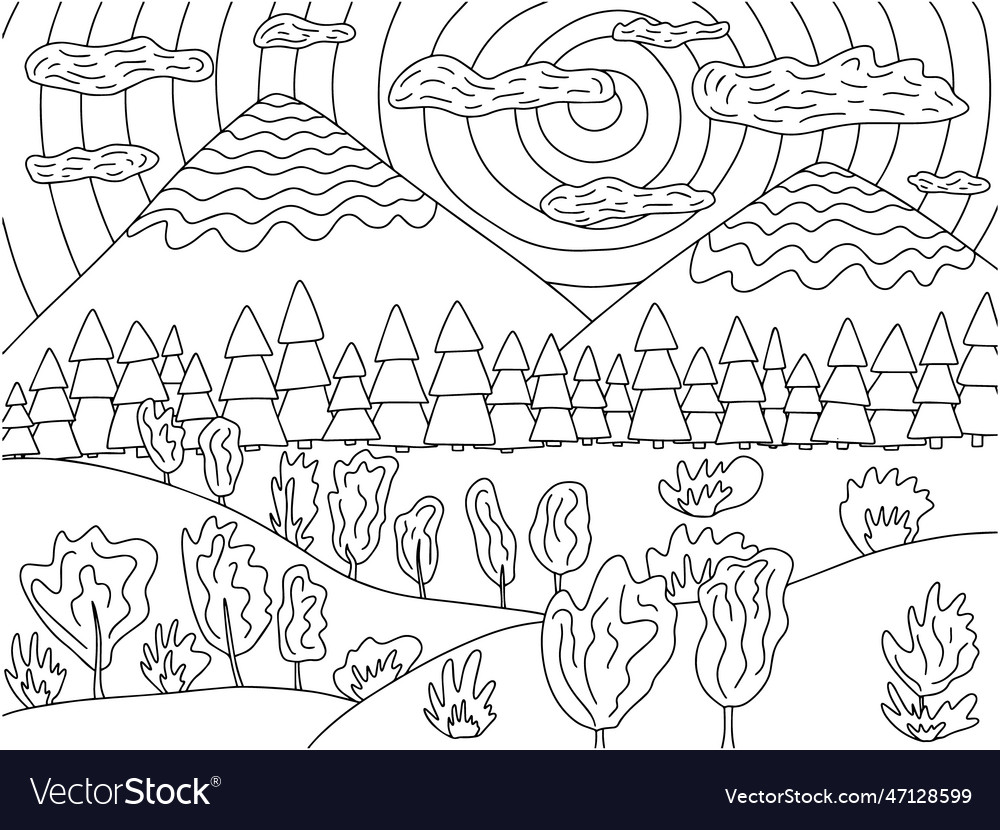 Coloring page with mountain landscape Royalty Free Vector