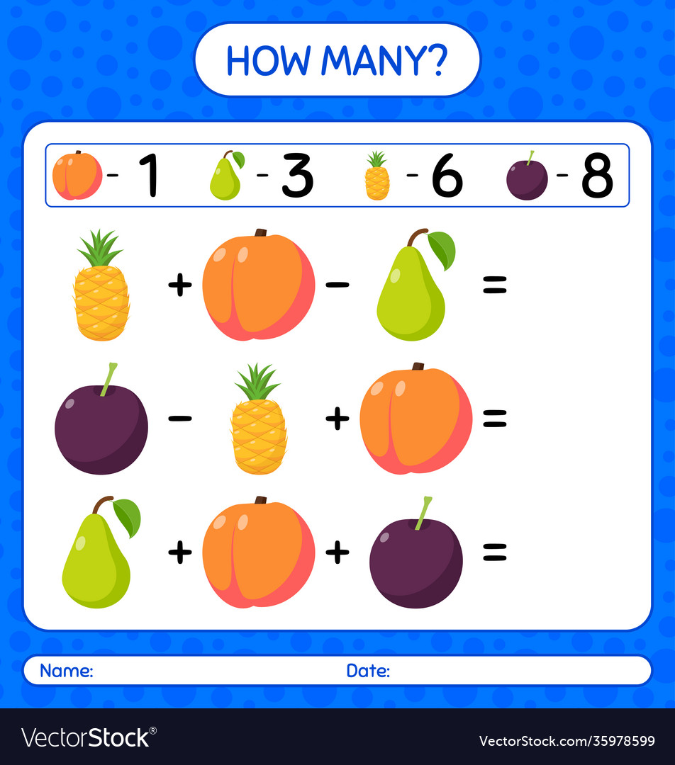 How many counting game with fruit worksheet vector image How many counting game with fruit worksheet