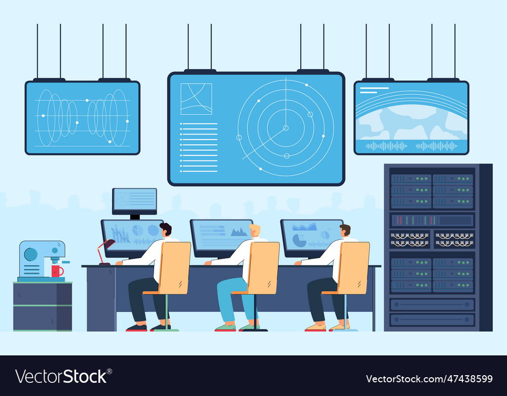 Surveillance and control of scientists over launch vector image Surveillance and control of scientists over launch