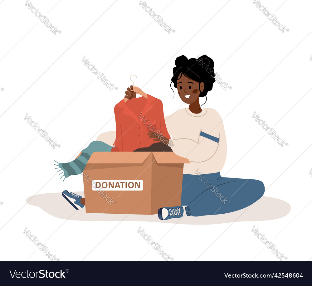 Clothes donation african woman putting old used vector image Clothes donation african woman putting old used