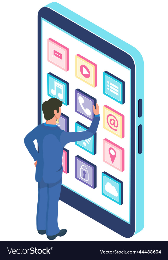 Man interacts with mobile phone digital device