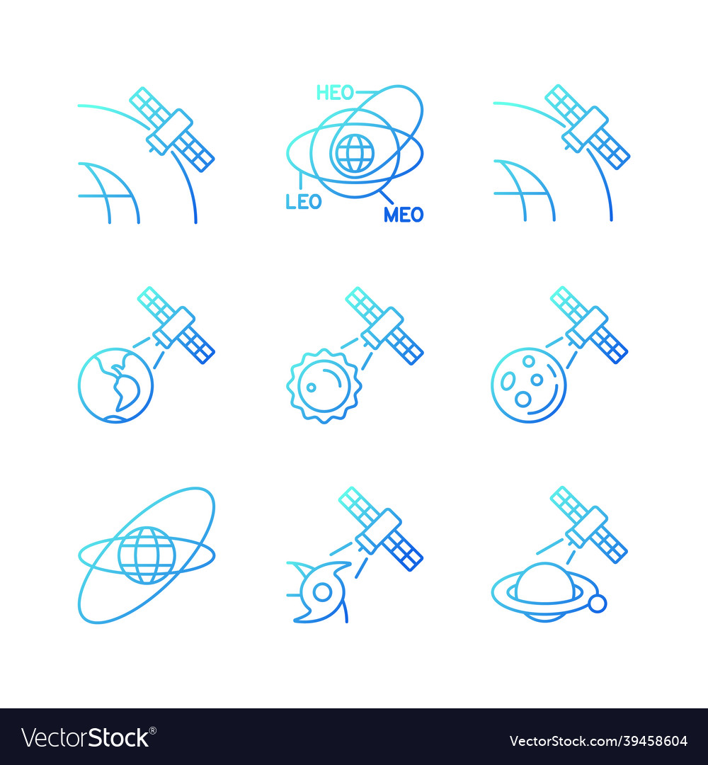 Satellites functions gradient linear icons set vector image Satellites functions gradient linear icons set