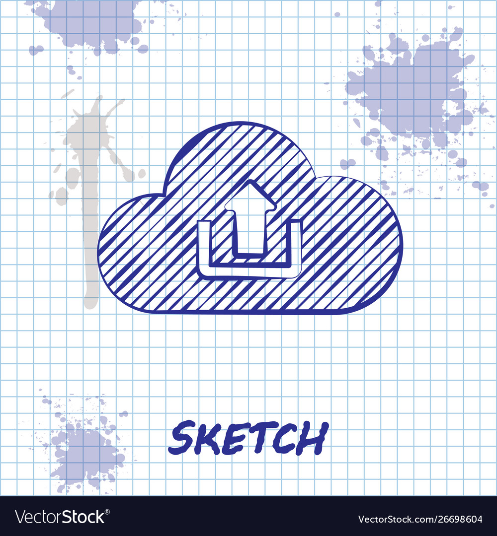 Sketch line cloud upload icon isolated on white