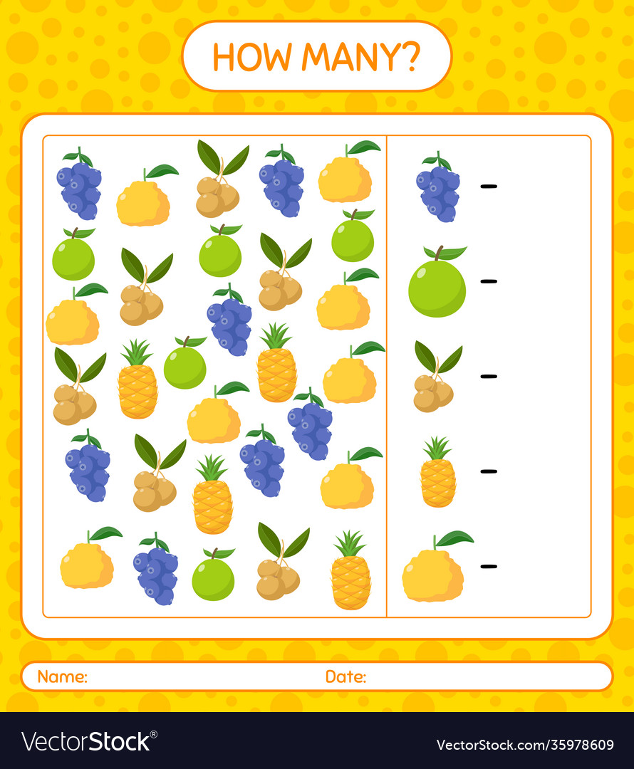 How many counting game with fruit worksheet vector image How many counting game with fruit worksheet