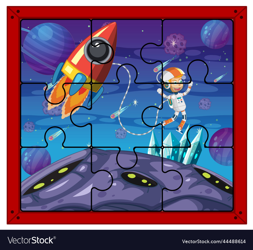 Astronaut in space photo puzzle game template vector image Astronaut in space photo puzzle game template