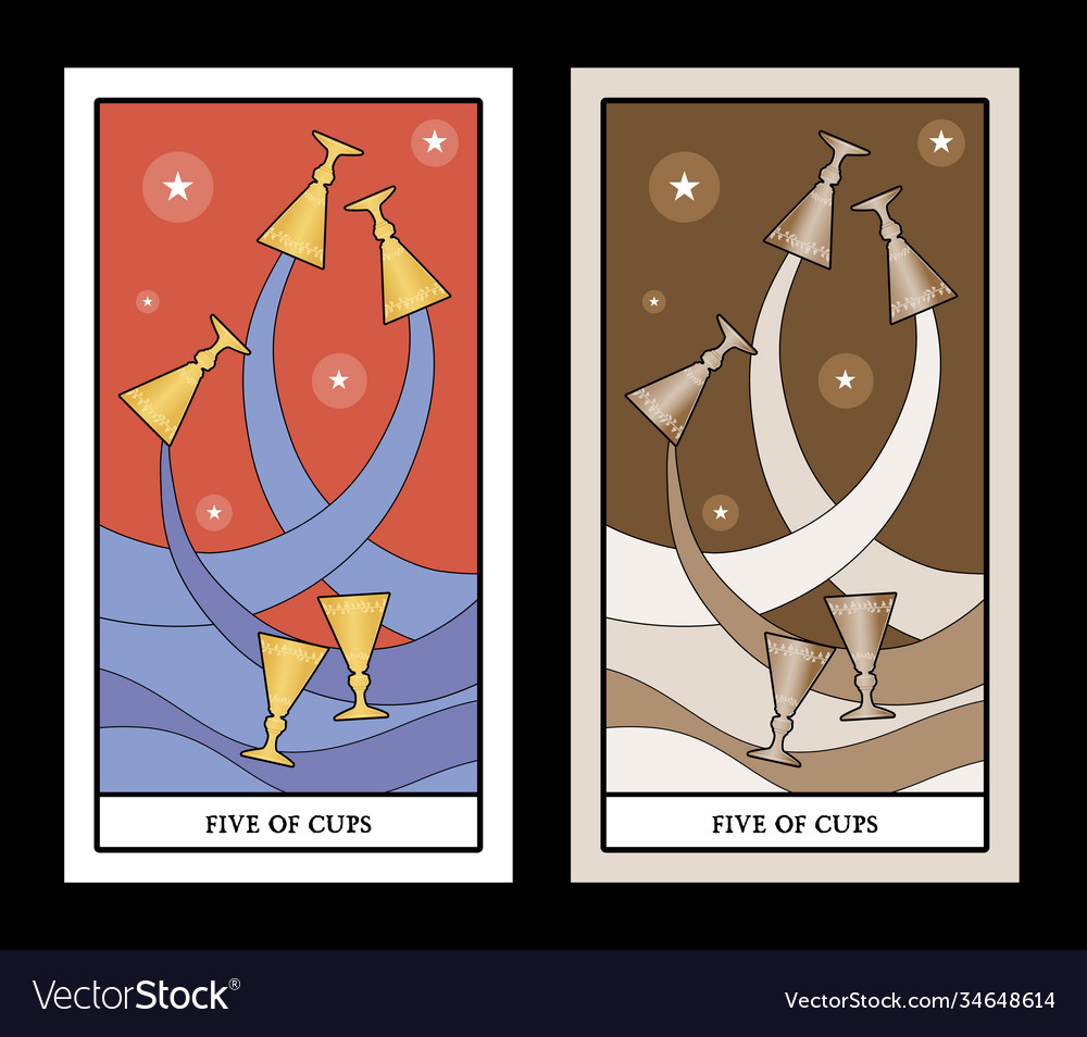 Five cups tarot cards three golden Royalty Free Vector Image