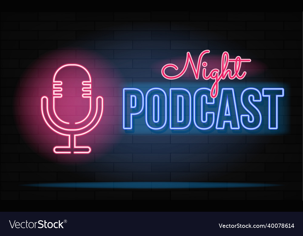 Podcast neon sign microphone on brick wall Vector Image