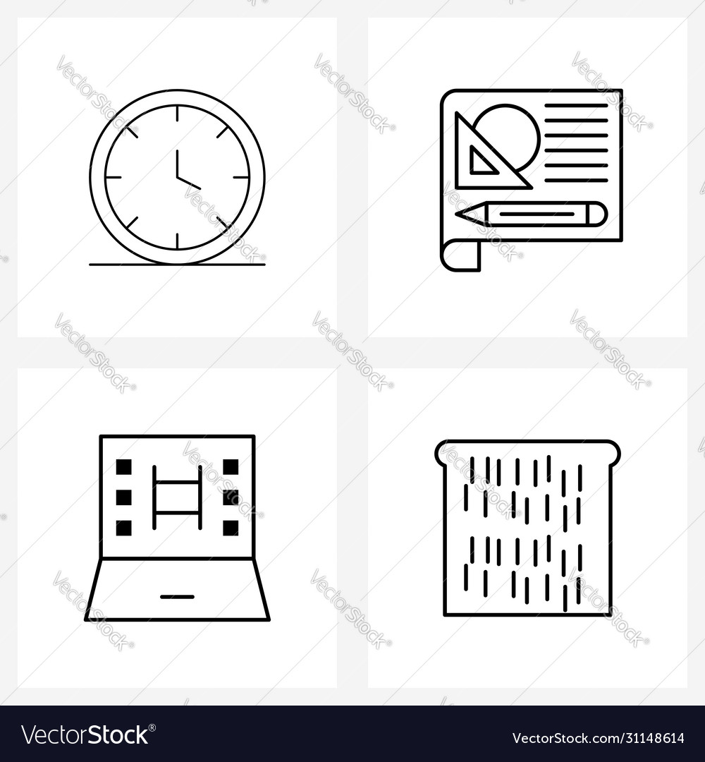 Set 4 simple line icons clock notebook