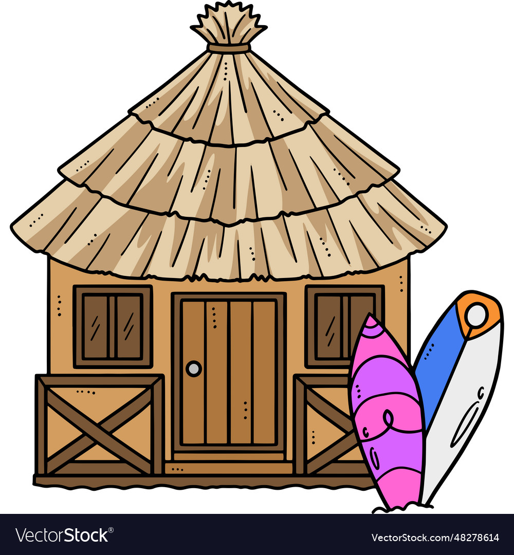 Tropical hut with surf board cartoon clipart