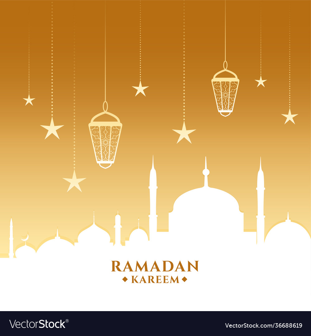 Ramadan Kareem Card With Mosque And Lanterns Vector Image