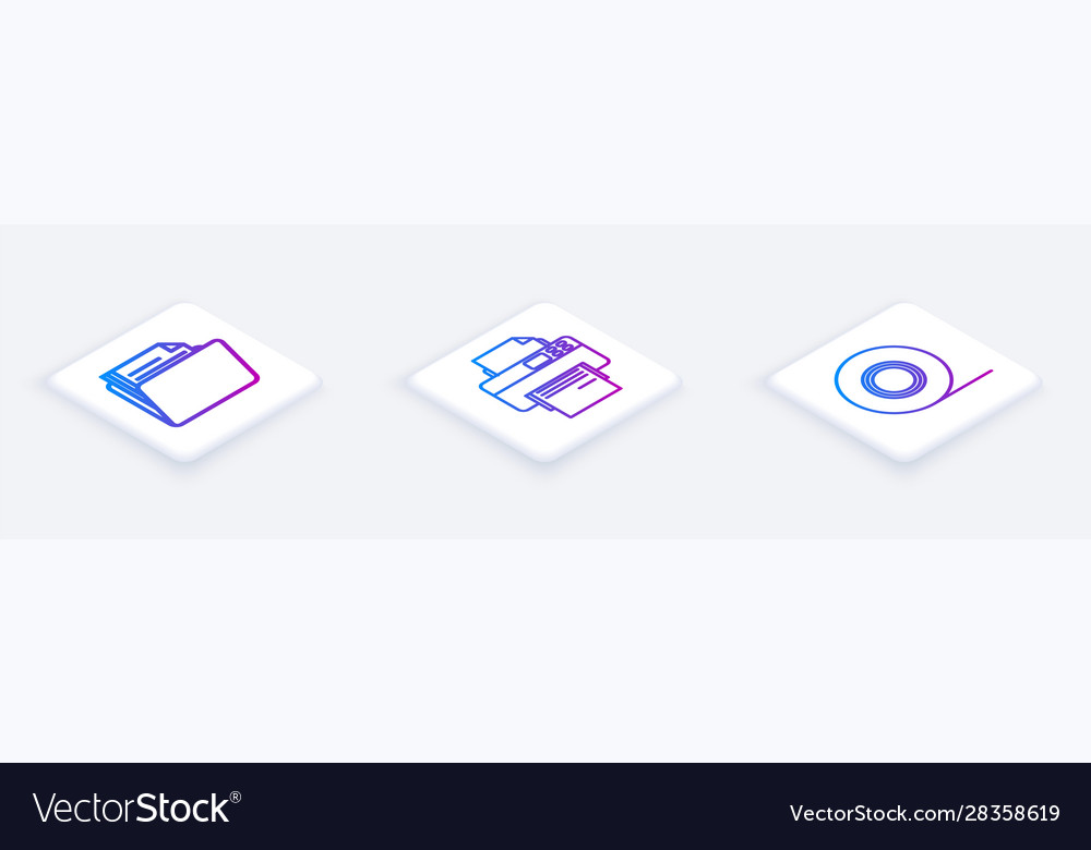 Set isometric line document folder printer vector image Set isometric line document folder printer