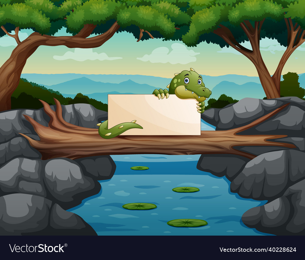 Cute a crocodile holding blank sign at the trunk