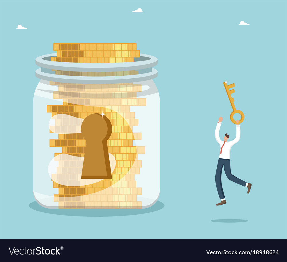 Man with key near jar of coins keyhole Vector Image Man with key near jar of coins keyhole
