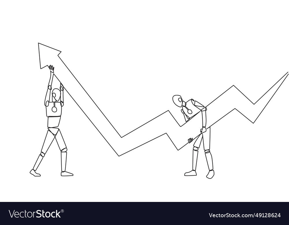 Single continuous line drawing two robots holding vector image Single continuous line drawing two robots holding