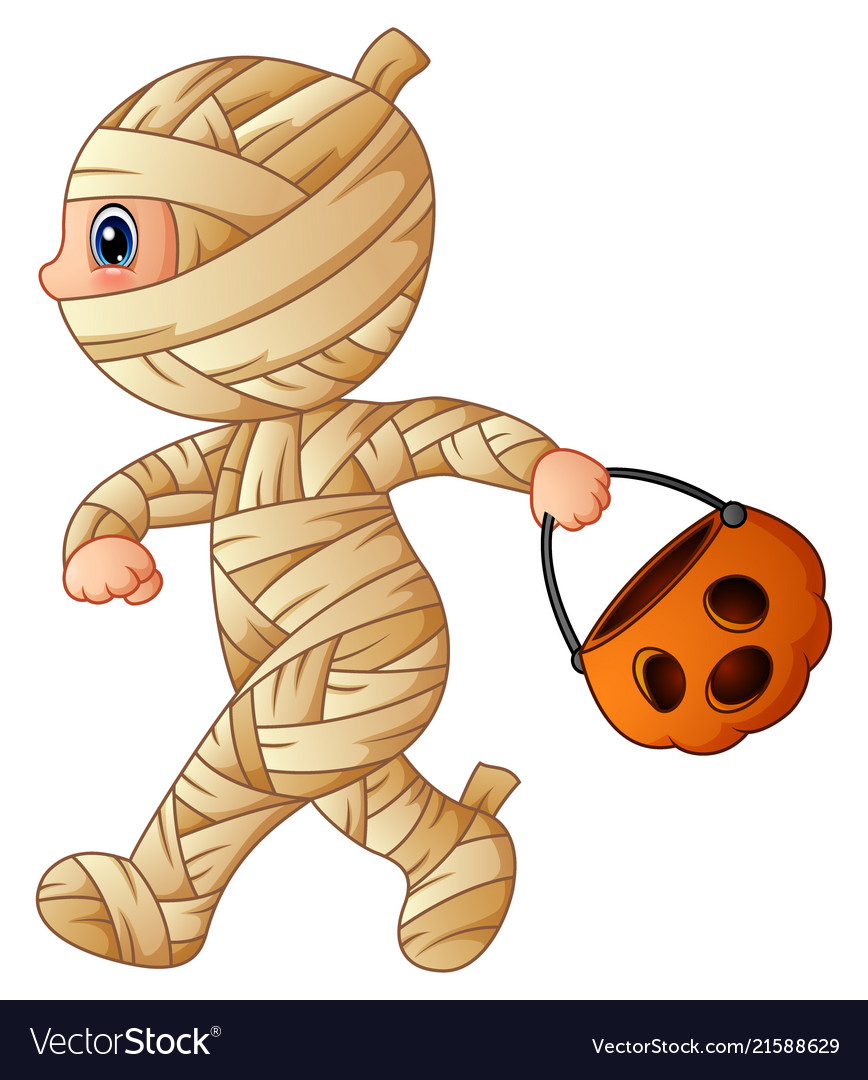 Cartoon little mummy with pumpkin basket