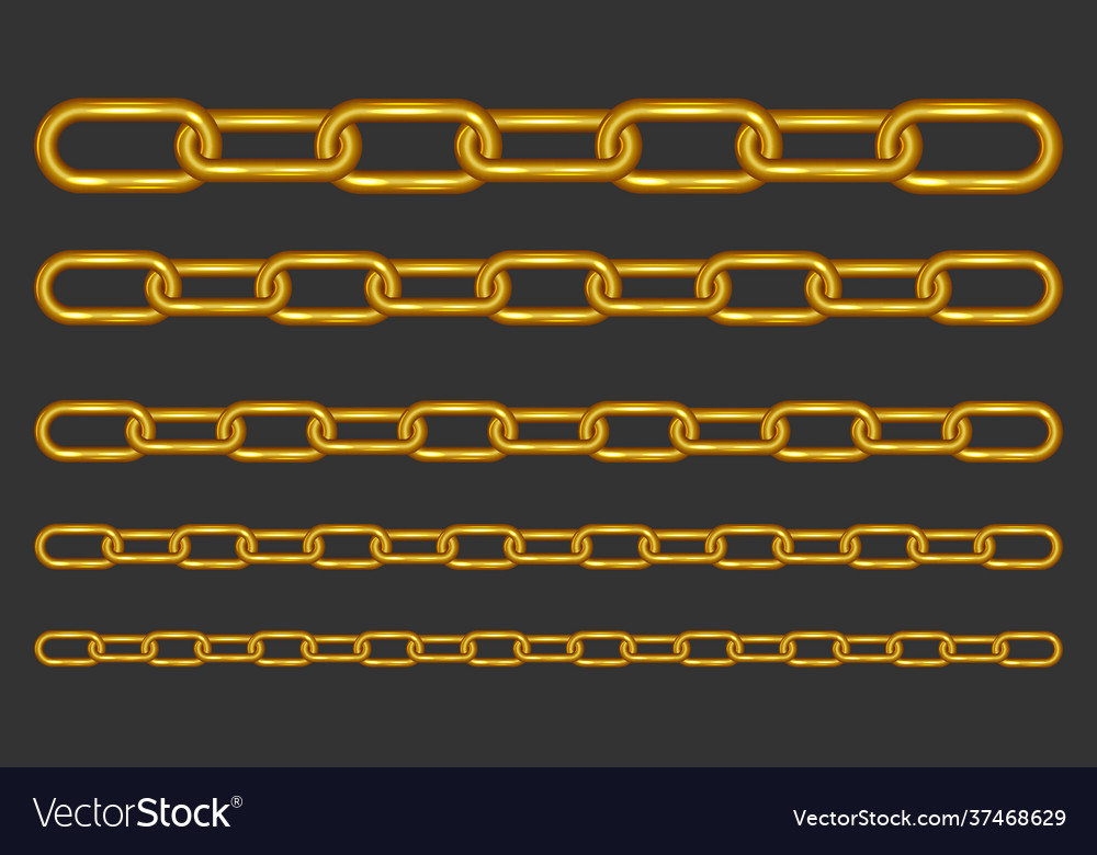 Collection gold metal chains on dark background