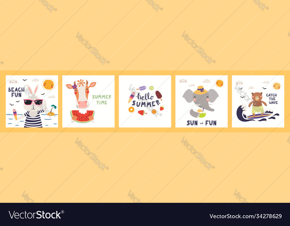 Cute animals summer cards set